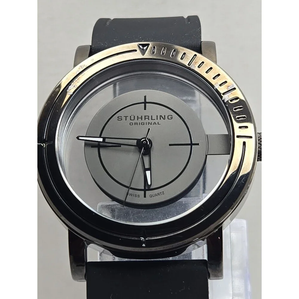 Stuhrling Original Aviator Mens Quartz Silver Dial Rubber Watch 42mm New Battery